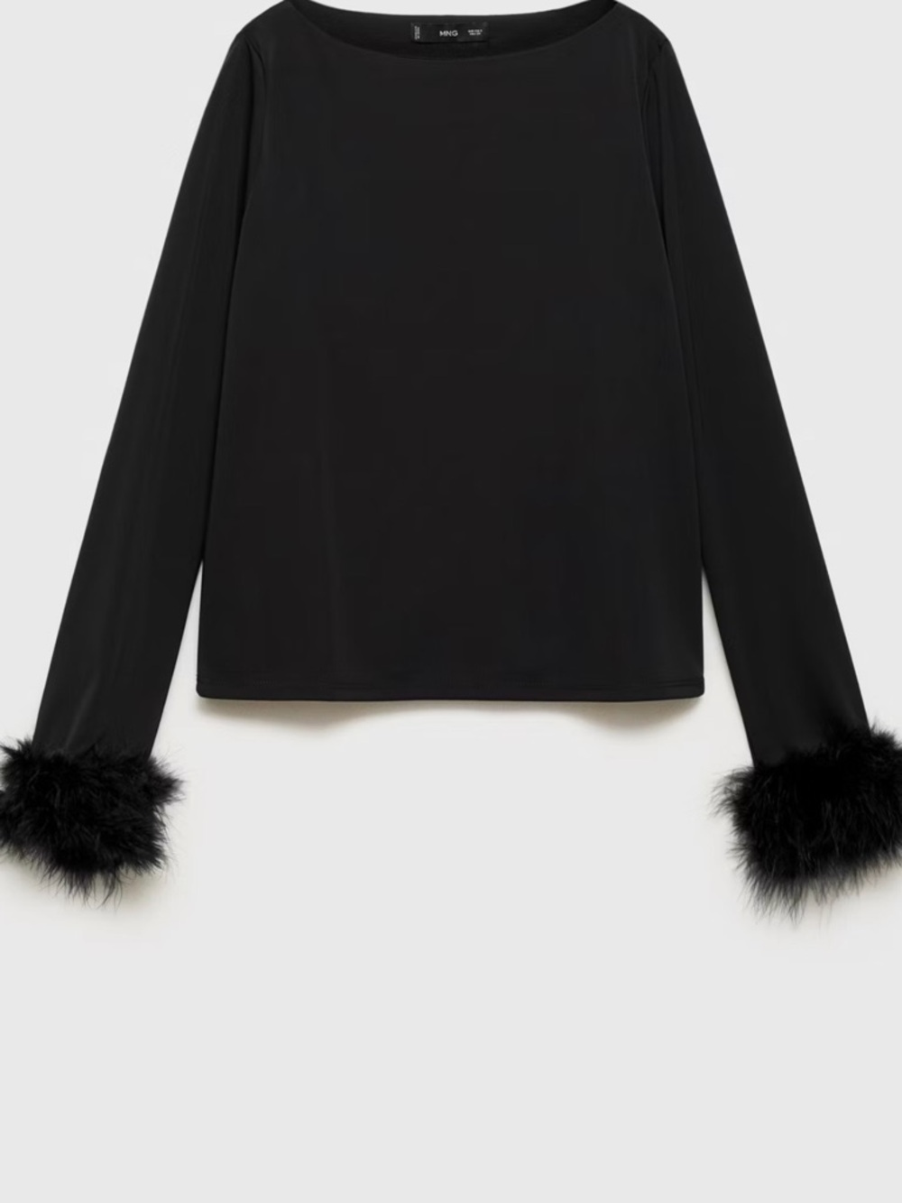 Mango Black Long-Sleeve Top with Feather Trim Cuffs